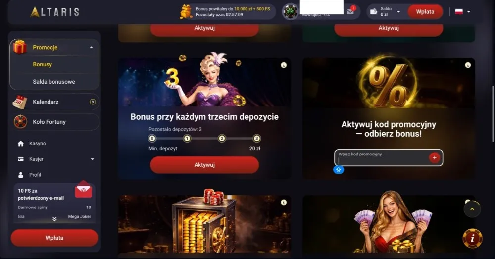 altaris darmowe spiny bez depozytu