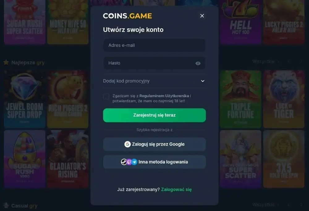 coins game casino formularz rejestracyjny