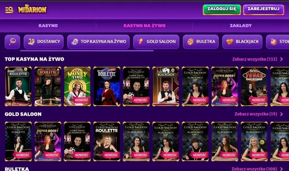 sekcja na żywo w midarion kasyno