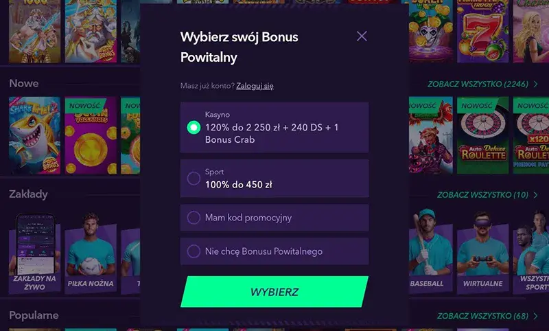 wybierz swoj startowy bonus